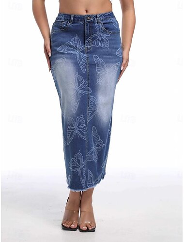  Dame الالتفاف Kroppstett Kjole Mote Fritid Midi Høy Midje Skjørt Blomster Lomme Trykt mønster Uelastisk Gate Daglig Blå Vår Polyester Denimstoff