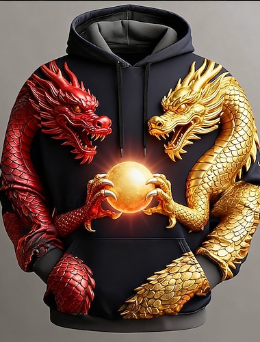  Miesten Lohikäärme 3D-tulostus Huppari College Tyylikäs Juhla Pitkähihainen Tiukka pyöreä kaula-aukko Klubi Katuvaatteet Musta Musta 2 Kurenauha Syksy Talvi Suunnittelija S M L XL XXL XXXL