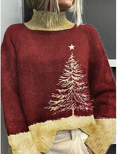  Weihnachten Damen Pullover Elegante Mode Streetwear Grafik Baum Rollkragen Strick Langarm Normale Oberteile Strick Arbeit Ausgehen Rot Herbst Winter