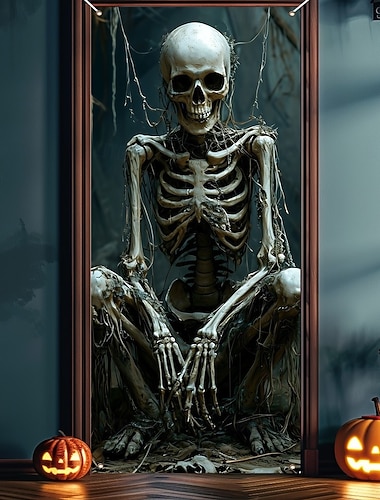  Halloween dörrskydd dödskalle brasa och dött träd gobeläng dörrgardin dekoration, kuslig skräckbakgrund dörrbanderoll för ytterdörr inomhus utomhus spökhusfestdekor