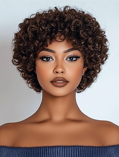  lyhyet kiharat peruukit 100% aitoa hiusta peruukit mustille naisille aitoa hiusta peruukki otsatukalla liimaton koneella valmistettu ei pitsiä kevyt ja mukava