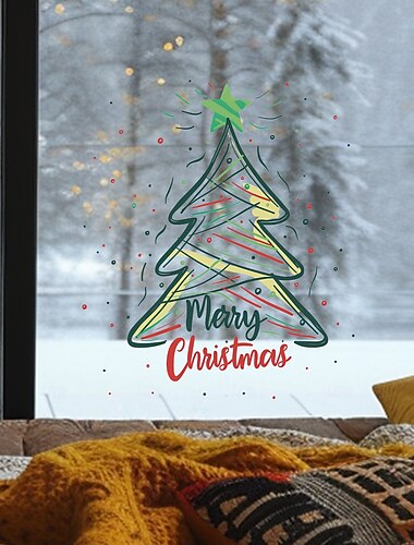  Autocollant mural de Noël, ligne peinte, arbre de Noël, vinyle amovible, décoration murale, fête, salon, salle à manger, fenêtre, porte, arrière-plan, pour la maison, ambiance festive