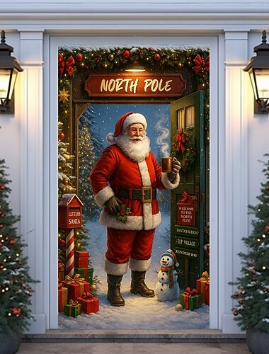  クリスマスドアカバー、ビンテージサンタと北極のサインのドアカーテン、レトロな2025年クリスマスの入口バナー、ホリデーパーティー、ポーチとホームデコレーション