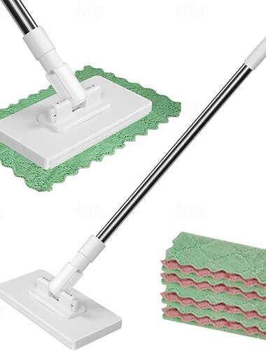  Engangs støvmopp med 4 gjenbrukbare kluter, 39" langt håndtak, våt- og tørrmopp med låsbart hode &feiekluter for rengjøring av gulv på flere overflater