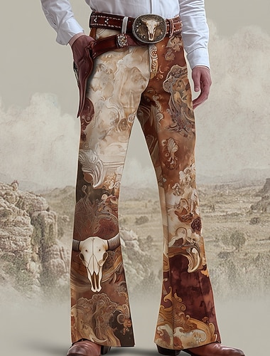  Homens Cow Print Étnico Arte abstrata Calças Calças Discoteca Calça boca de sino dos anos 60 e 70 Cintura Média Ocidental Vintage retrô Ao ar livre Férias Bolsos laterais Calças boca de sino