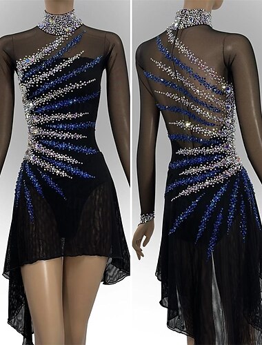  Vestidos para Patinação Artística Mulheres Para Meninas Patinação no Gelo Vestidos Preto Patchwork Barra Assimétrica Com Transparência Elastano Elasticidade Alta Treino Competição Roupa para Patinação