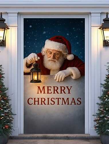  クリスマスドアカバー、サンタクロースのメリークリスマスの挨拶のドアカーテンの背景、2025年クリスマスパーティーのホームと屋外のホリデーデコレーション