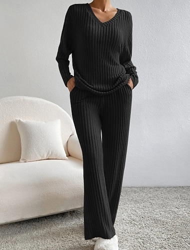  בגדי ריקוד נשים סוודר סגנון רחוב יום יומי צבע אחיד צווארון V כיס סרוג שרוול ארוך חולצות רגילות לִסְרוֹג בָּחוּץ יומי ליציאה שחור כחול נייבי סתיו חורף