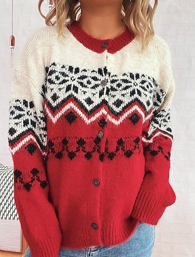  Dámské Vánoční svetr Fair Isle svetr Svetr Kardigan Šik ven Na běžné nošení Květinový Rýhovaný Tričkový Knoflíky Pletený Tisk Dlouhý rukáv Běžné topy Plést Vánoce Venkovní Dovolená Rubínově červen