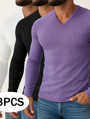  Herren T Shirt Muskelshirt Geripptes Strick-T-Shirt T-Shirt Langarm V Ausschnitt Frühling Herbst Winter Einfach Grubenstreifen Mode Designer Basic 3 Teile Mehrfachpackung Stricken Urlaub Straße Lässig