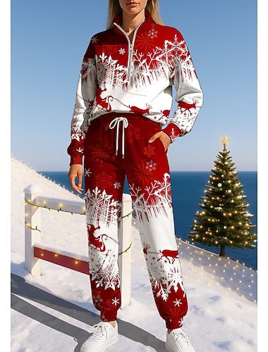  Noël Femmes Sweat-shirt Ensemble Survetement Survêtement Cordon de serrage Fermeture éclair Veste et Pantalon de Jogging Ensemble de vêtements de sport Printemps Blanc + Rouge Décontract