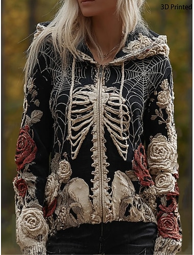 Womens Zip-Up Hoodies Grafik Totenkopf Punk Aktiv Vintage Lange Ärmel Kapuzen Reguläre Oberteile Zuhause Dailywear Casual Patchwork Schwarz Herbst Winter   Womens Zip-Up Hoodies Grafik Totenkopf Punk Aktiv Vintage Lange Ärmel Kapuzen Reguläre Oberteile Zuhause Dailywear Casual Patchwork Schwarz Herbst Winter