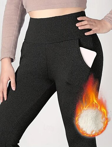  Mulheres leggings forradas de lã chinês Leggings Casual Comprimento total Cintura Média Tecido Bolsos Cintura elástica Manter Quente Confortável Com Stretch Ao ar livre Férias Roupa Diária Preto
