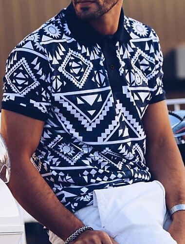  Per uomo Tribale Polo Maglia da golf Manica Corta Magliette polo Camicie con Colletto Vintage Casual Abbigliamento da vacanza Abbigliamento da festa Abiti da festa Bottoni Stampa 3D Nero Blu Reale