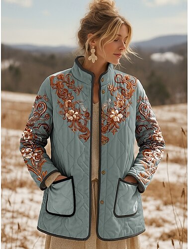  Per donna Giacca Invernale Giacca trapuntata Caldo Leggero Stampato Attivo Vintage Carino Artistico Floreale Casuale Regolare Collo alla coreana Vestibilità regolare Manica Lunga Capispalla Blu Viola