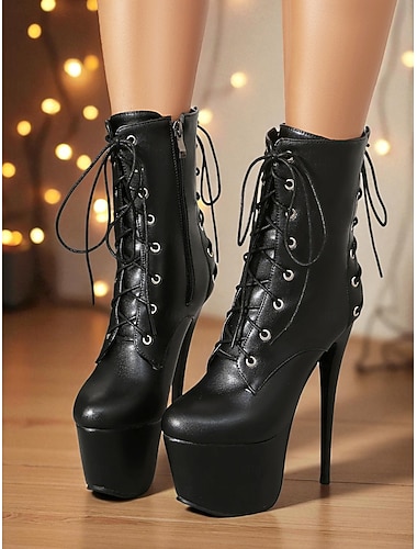  レディース ブラック フェイクレザー レースアップ プラットフォーム アンクルブーツ - ナイトライフにぴったりのセクシーなハイヒール ショートブーツ &ポールダンス