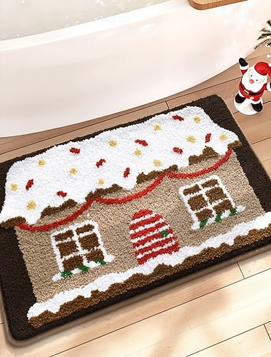  Julebadmatte Entre Søt Tegneserie Falsk Kasjmir Tykk Myk Non-Slip Maskinvaskbart Gulvteppe Absorberende Flekkbestandig Holdbar Enkel Pleie Innendørs Dekorativ Hjeminnredning