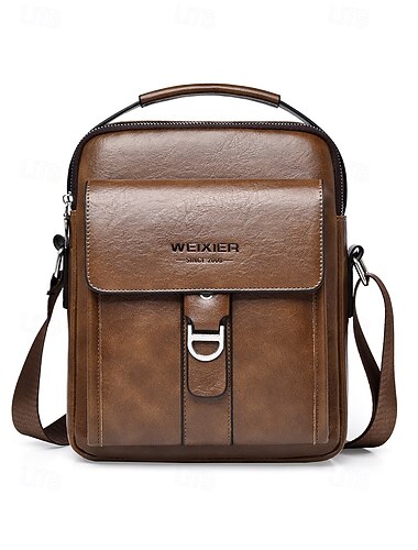  Sac bandoulière homme en similicuir marron et noir – sacoche messager vintage avec poignée supérieure, sac à main de voyage décontracté