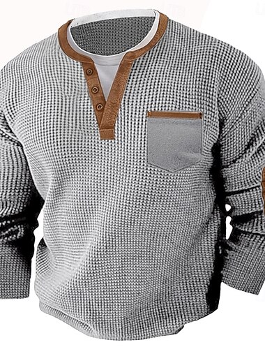  Муж. Вафельный тройник Вафельная рубашка Henley Длинный рукав Хенли Осень Весна & осень Сплошной цвет Мода Классический Хенли поддельные две части Отпуск Дом Офис Черный Серый Темно синий