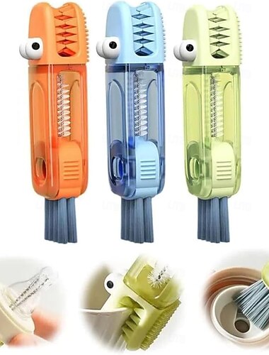  3-i-1 krokodillebørste med utskiftbare skrubbebørster, sett med børste for rengjøring av fuger, for babyflasker, trange rom, kopp egnet for flasker, riller og lokk, med slitesterke børster