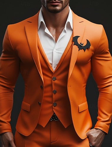  Menn Festdrakter Avslappet Halloween Oransje Vår, Høst, Vinter, Sommer Dress Hakkjakkeslag Fest Fritid Ensfarget Slank Fasong 3 deler sett Enkelt Brystet To-knapp