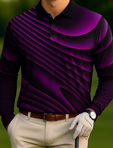  Herre Geometrisk Golf Polo Langermet Poloskjorter Knaphul Fritid utendørs treningsklær Dagligdagstøy 3D-utskrift Knapper Vår Høst Vinter Hvit Blå Lilla