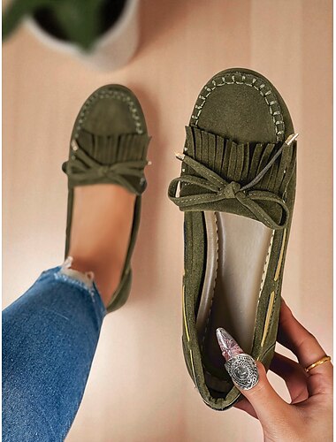  mocassini da donna in finta pelle scamosciata verde militare con nappe e frange – scarpe casual da guida per l'uso quotidiano e per le passeggiate