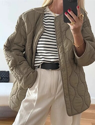  Mujer Chaqueta acolchada Chaqueta casual Cómodo Transpirable Bolsillo Botones Casual Plano Vacaciones Calle Casual Ropa Cotidiana Botonadura Simple Corto Sin Cuello Ajuste regular Manga Larga Ropa de