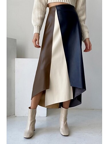  Dame الالتفاف A-linje Mote Fritid Midi Høy Midje Skjørt Fargeblokk Lapper Uelastisk Gate Daglig Beige Vår Polyester Imitert Lær
