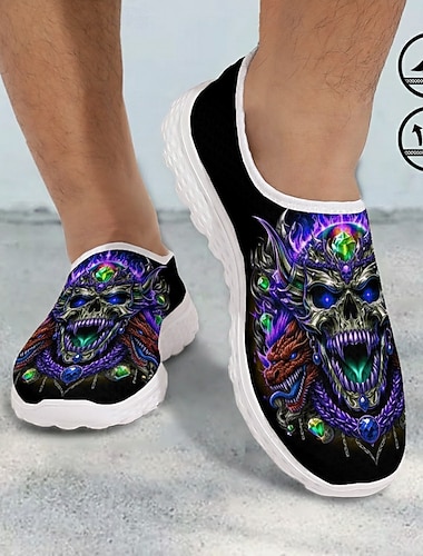  sneakers slip-on traspiranti da uomo con stampa di teschi e draghi: scarpe casual gotiche per Halloween e streetwear