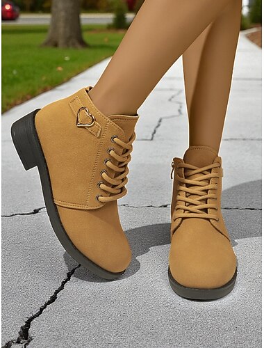  Women's Khaki Ankle Boots, Casual Lace-Up Combat Boots with Side Zipper and Heart Buckle Detail for Everyday Outfits