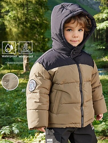  Infantil Unisexo Jaqueta de penas Casaco com capuz Casaco puffer agasalhos Bloco de cor Manga Longa Zíper Bolsos Leve Comfort IMPERMEÁVEL Casaco Ao ar livre Diário Básico Verde Tropa Outono Inverno 4