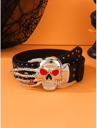  Ceinture en similicuir avec boucle tête de mort pour femme, style gothique punk, large ceinture pour fêtes costumées, cosplay et festivals
