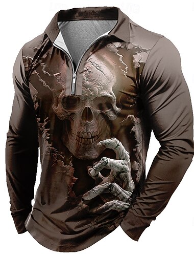  Halottak napja Férfi Koponya Póló Hosszú ujj Pólóingek Hajtóka Alkalmi Sötét Hétköznapi viselet Fesztivál öltözék 3D nyomtatás Quarter Zip Polo Tavasz Ősz Tél Medence Barna Lóhere