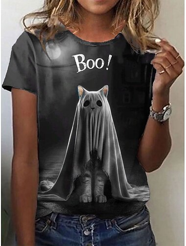  Halloween Γυναικεία Μπλουζάκι Γραφική Γάτα Φάντασμα Βίντατζ Στυλάτο Κλασσικό Κοντομάνικο Στρογγυλή Ψηλή Λαιμόκοψη Κανονικά μπλουζάκια Καθημερινά Εξόδου Σαββατοκύριακο Στάμπα Μαύρο Καλοκαίρι Φθινόπωρο