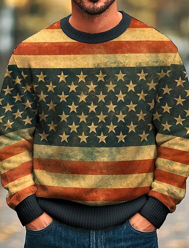  Jul Herre Snøfnugg Amerikansk flagg Pullover genser Strikketøy Crewneck Fritid Feriereise Gate Daglig Lapper 3D-utskrift Strikking Langermet Høst Vinter Svart Blå