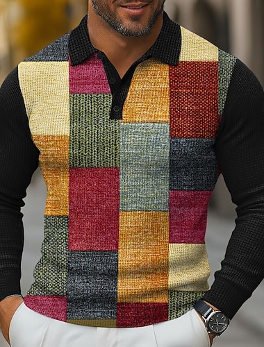  Miesten Väripalikka Geometrinen Vohveli poolopaidat Pitkähihainen Poolopaidat Kauluspaidat Business Casual liiketoiminta Käytä töihin Arki-asut 3D-tulostus Napit Kevät Syksy Talvi Punainen 1 Punainen