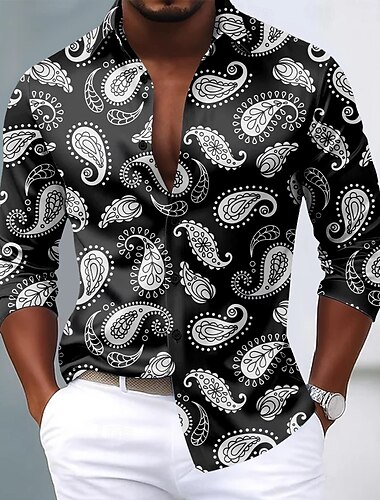  Herren Paisley-Muster Blumendruck Ethnisch Hemd Satinhemd Kleidhemd Langarm Vintage-Retro Urlaub Alltagskleidung Sommer Frühling Herbst Umlegekragen 3D-Druck Hemden mit Knopfleiste Schwarz Blau