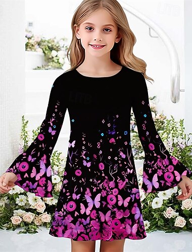  Mädchen' 3D Schmetterling Kleid Rüschenkleid Langarm Sommer Frühling Urlaub Täglich Ferien Schön Süß Kinder 4-12 Jahre Freizeitkleid Knielang Normale Passform