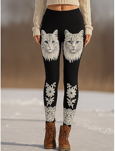  女性用バイキングボヘミアンレギンス バカンス ヴィンテージエスニックスタイル フルレングス ハイウエスト グラフィック 猫 3Dプリント 速乾性 通気性 ソフト ストレッチ アウトドア ホーム カジュアル ブラック ホワイト ピンク ブルー 秋 スリムフィット