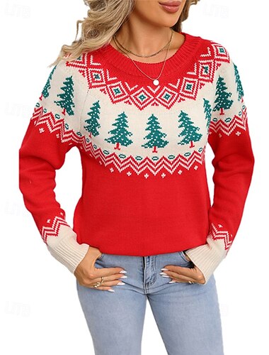 سترة عيد الميلاد النسائية Fair Isle Sweater بلوفر عصري غير رسمي شجرة عيد الميلاد مضلعة برقبة دائرية محبوكة مطبوعة بأكمام طويلة بلوزات عادية محبوكة لعيد الميلاد في الهواء الطلق يوميًا باللون الأحمر خريف وشتاء