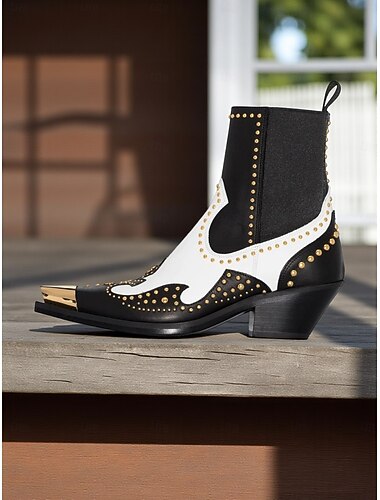  Zwarte leren western enkellaarsjes voor dames met gouden studs en metalen neus - cowboylaarzen met dikke hak voor mode, streetwear en feestjes