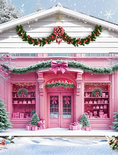  Jul utomhus garageportsskydd rosa jultema butik stor gobeläng bakgrundsdekoration med julgran rosa rosett semester utomhus garageport hemvägg fest firande dekor