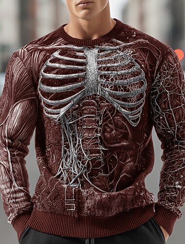  رجالي هيكل عظمي كنزة صوفية تريكو كرونيك كاجوال داكن عطلة شارع مناسب للبس اليومي طباعة ثلاثية الأبعاد الرسوم البيانية الدفء كم طويل الخريف الشتاء أسود أحمر