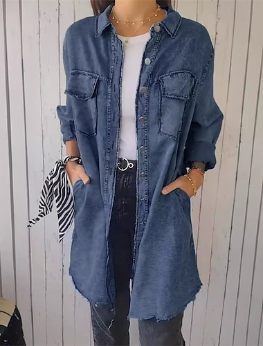  Γυναικεία Μπουφάν πουκάμισο Casual Jacket Μπουφάν τζιν Άνετο Αναπνέει Τσέπη Μοντέρνα Καθημερινό Σκέτο Διακοπές Δρόμος Causal Καθημερινά Ρούχα Μονόπετο Μακρύ Απορρίπτω Κανονικό Μακρυμάνικο