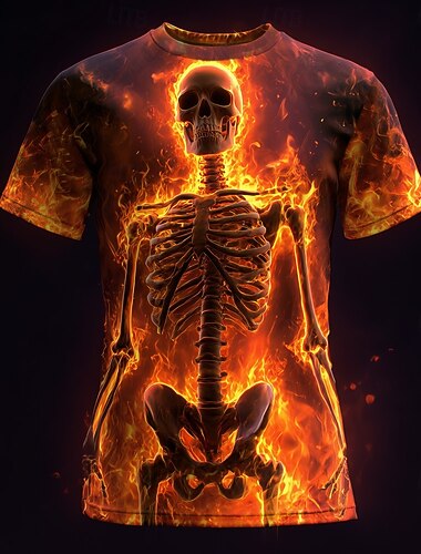  Homens 3D impressão Chamas do Fogo do Inferno 3D Esqueleto Camiseta Manga Curta Camiseta Impressão 3D Gola Redonda Camisa Exagerado Designer Terror Festa Rua Feriado Laranja 3 Laranja Laranja 2 Verão