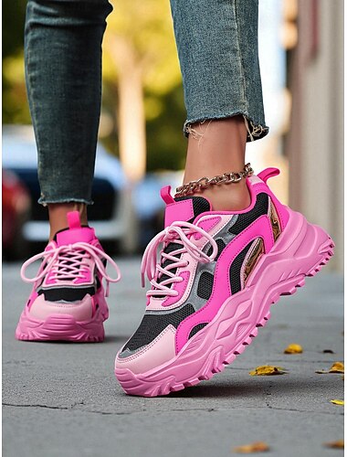  Baskets épaisses roses réfléchissantes pour femmes – Chaussures de sport pour soirées, streetwear, danse et festivals