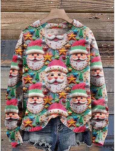  Damen Pullover Mode Lässig Grafik Weihnachtsmann Rundhalsausschnitt Patchwork Gestrickt Langarm Normale Oberteile Stricken Arbeit Rosa Beige Herbst Winter