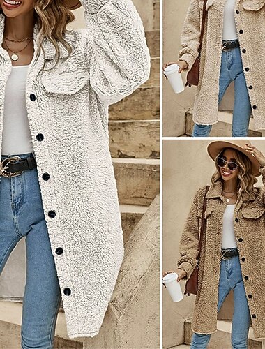  Damen Fleecejacke Freizeitjacke Warm Bequem Knöpfe Mode Outdoor Einfach Ausgehen Wochenende Einreihig Regulär Revers Normale Passform Langarm Oberbekleidung Weiß Khaki Aprikose Herbst Winter