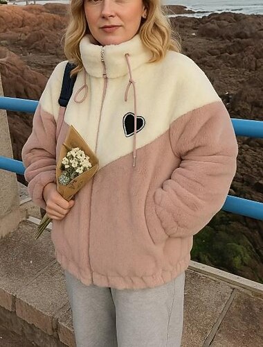  Damskie Kurtka z polaru Fuzzy Płaszcz zimowy Z kieszeniami Długi rękaw Top Athleisure Kolorowy blok Odporność na wiatr Ciepłe Siłownia Na zewnątrz Bieganie Odzież sportowa Odzież sportowa Rumiany r